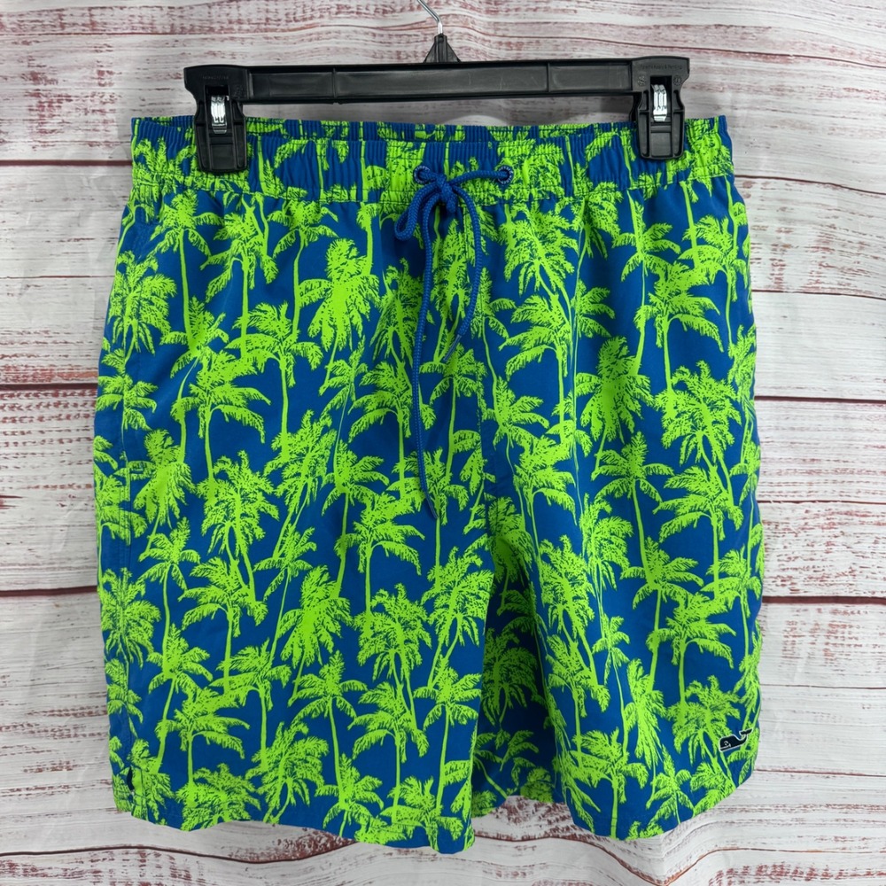 Vineyard Vines‎ Swim Shorts Mens Small Palm Tree Bungalow Aviator Blue Green NEW